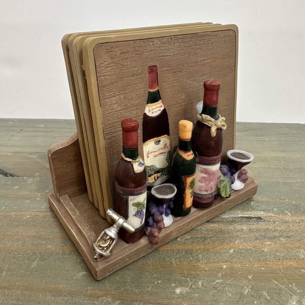 3D Wine Theme Set Of 4 Coasters Resin Holder Grape Vineyard Cork Backing